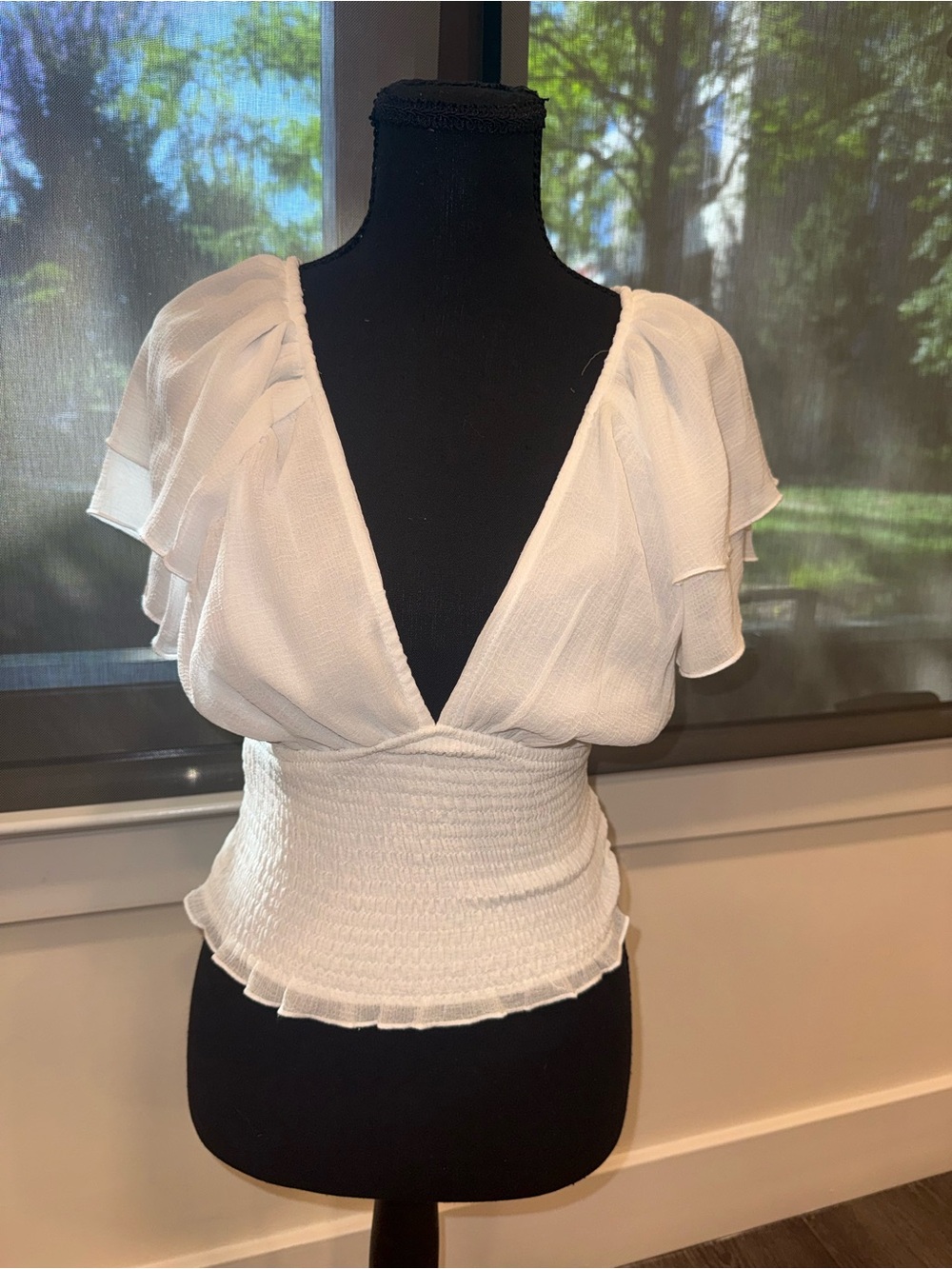 Fashion Nova White Deep V Flutter Sleeve Smocked Waist Top